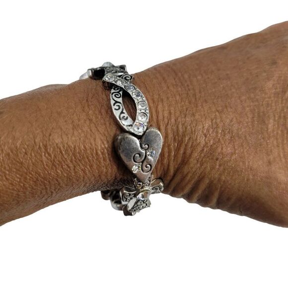 Silver Bracelet Stretch Beaded Inspirational Religious Heart Cross Ichthys - Picture 1 of 5